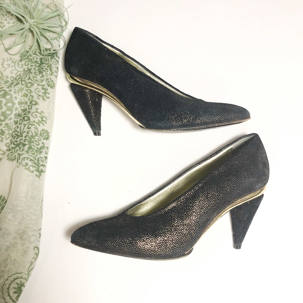 Vtg Walter Steiger Heels Gold Black Sparkle 6 1/2